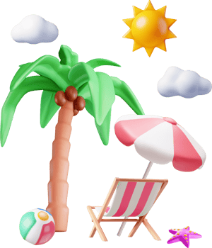 3D Deck Chair, Swim Ball, Starfish and Palm Tree. png