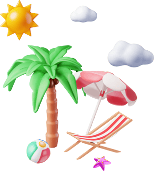 3D Deck Chair, Swim Ball, Starfish and Palm Tree. png