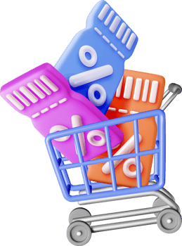 3d shopping cart and coupon with percentage symbol png