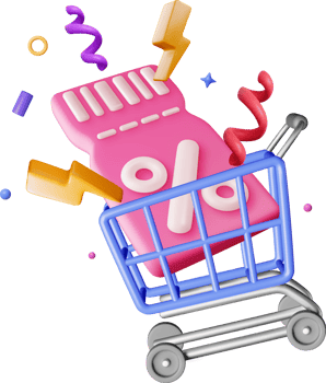 3d shopping basket and coupon with percent symbol png