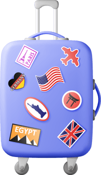 3D blue travel suitcase with stickers png