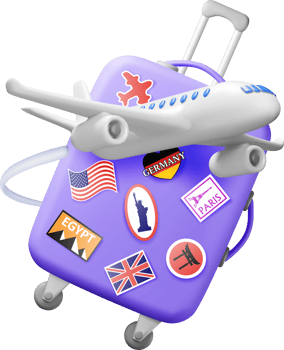 3D travel suitcase with stickers and airplane png