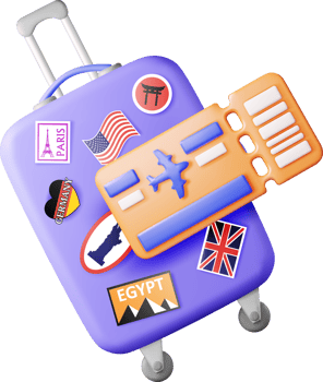 3D travel suitcase with stickers and boarding pass png