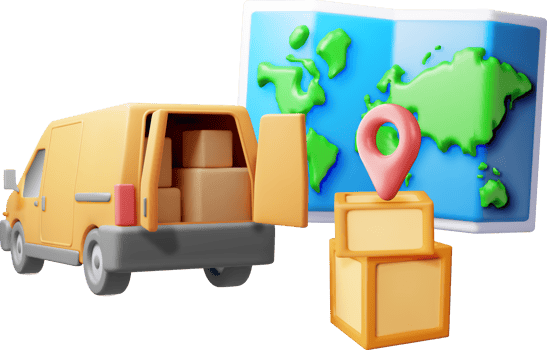 3D delivery van and cardboard boxes and map. png
