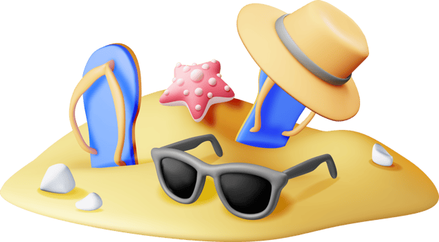 3d beach flip flops, hat, sunglasses in sand png