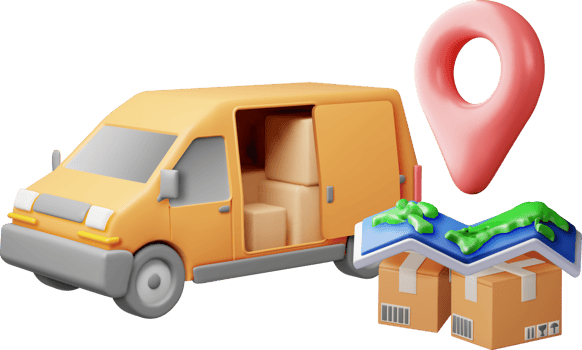 3D delivery van and cardboard boxes and map. png
