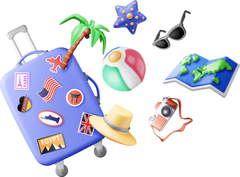 3d palm tree, travel bag, globe and photo camera. png