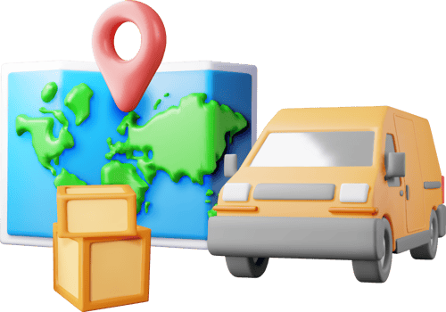 3D delivery van and cardboard boxes and map. png