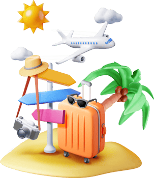 3d island with travel bag, palm tree and pointer png
