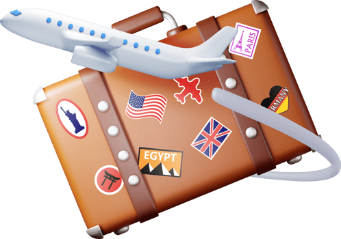 3d vintage travel bag with stickers and airplane. png