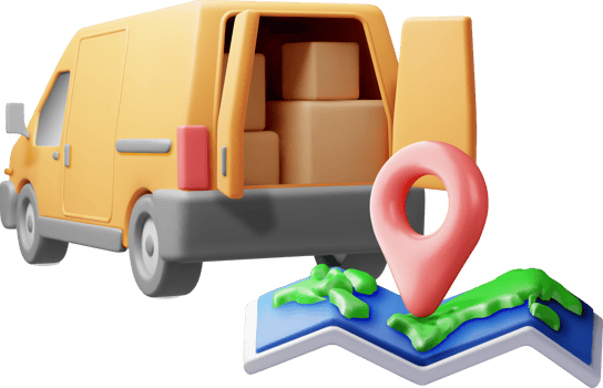 3D delivery van and cardboard boxes and map. png