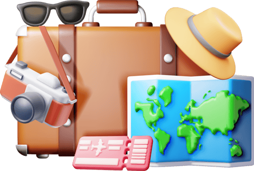 3d airline ticket travel bag, photo camera and hat png