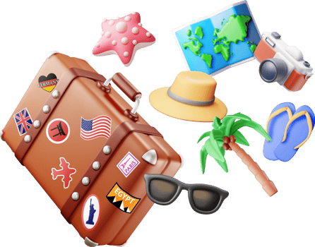 3d palm tree, travel bag, globe and photo camera. png