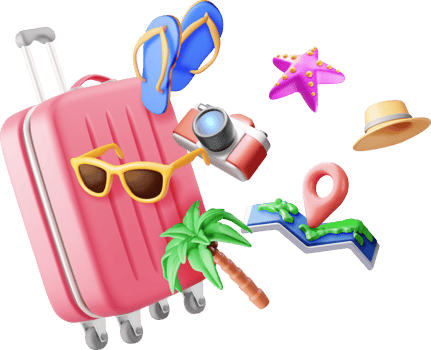 3d palm tree, travel bag, globe and photo camera. png