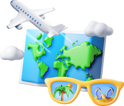 3D airplane in clouds, sunglasses and paper map png