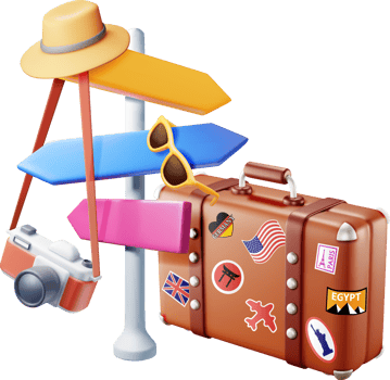 3d leather travel bag, photo camera and pointer png
