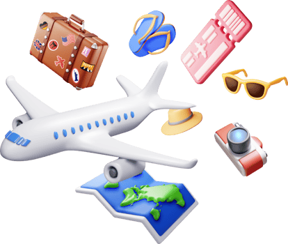 3d airline ticket, travel bag, map and airplane. png