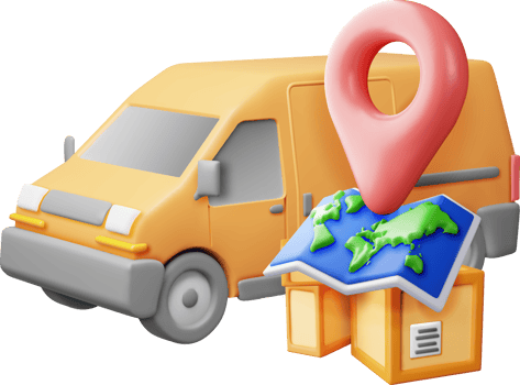 3D delivery van and cardboard boxes and map. png