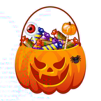 Halloween Pumpkin bucket of with candies. Spooky face Pumpkin Bag with lollipops, sweets, candy. Trick or treat Basket vector