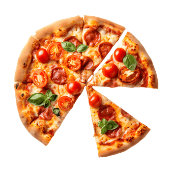 Freshly Baked Pizza with a Cut Slice, Delicious Italian Cuisine, Isolated on Transparent Background. png