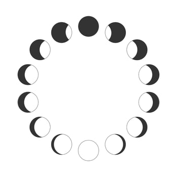 Moon phases. Calendar Lunar cycle. New, quarter, half, full Moon silhouettes moving around in circle. Round shapes of Luna celestial object isolated on white background. vector