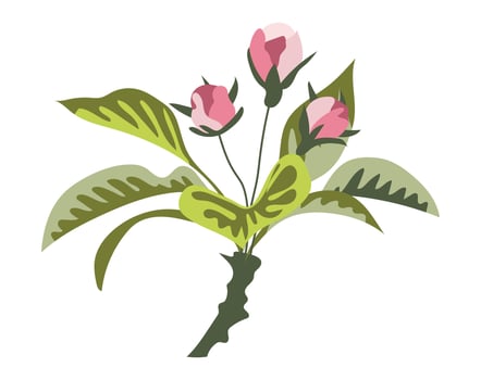 Abstract flower buds on branch in flat design. Beautiful pink rose bouquet. illustration isolated. vector