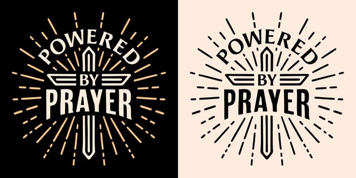 Powered by prayer lettering badge logo cross illustration card bible quotes godly faithful religious praying Christian man woman girl boy vintage retro aesthetic text print for shirt design vector