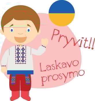 illustration of cartoon character saying hello and welcome in Ukrainian vector