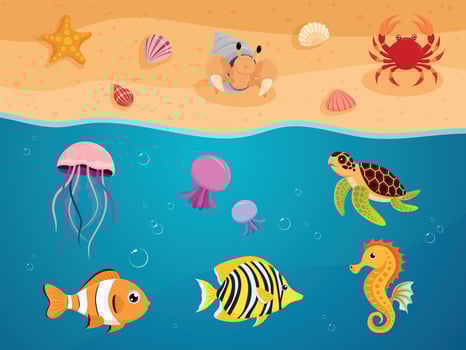 ocean animal fish and sand beach collection cartoon illustration design vector