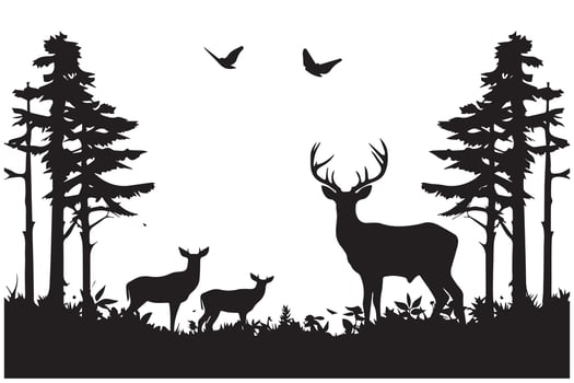 vintage forest landscape with black and white silhouettes of trees and wild animals vector
