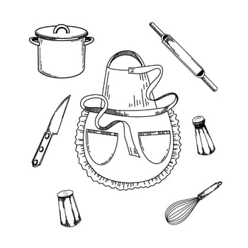 Illustration for the kitchen. Cooking apron, knife, rolling pin for dough, salt and pepper shaker, whisk for whipping. Objects are drawn in black in . For the kitchen, stove, design, dishes vector