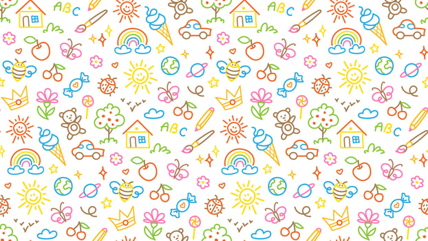 Seamless pattern with fun doodle children drawing. vector