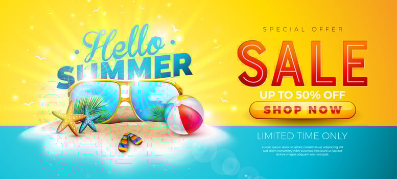 Summer Sale Design with Sunglasses, Beach Ball and Typography Lettering on Blue and Yellow Background. Tropical Illustration with Special Offer Label for Coupon, Voucher, Banner, Flyer vector