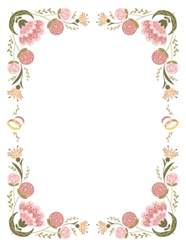 Vintage botanical wedding invitation in flat folk style with abstract flowers. Floral vertical symmetrical illustration in muted colors for wedding. Banner, card template isolated on white background vector