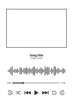 Music player interface with frame for song cover, equalizer, loading progress bar with timer, buttoms shuffle, rewind, play, fast forward, repeat. MP3 player template vector