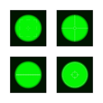 Set of monocular, telescope, periscope view with scales and chromakey background. Army, explorer, hunter or gamer visual tool for spying, magnifying, exploration, investigation vector