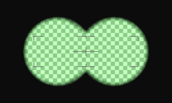 Binocular viewfinder template with green chromakey background and scale. Army, hunting or sniper optical tool for magnifying, discovering, searching, following, investigation vector