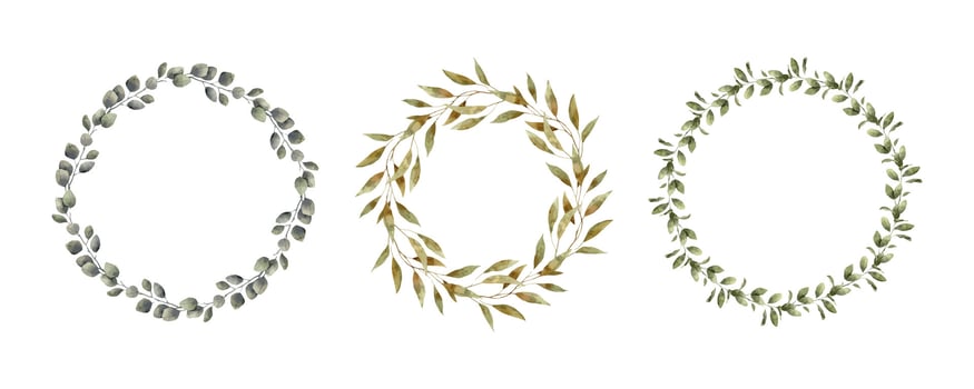 Set of watercolor round botanical wreaths from different green plants. Isolated hand drawn illustration for cards, stickers, textiles, design, invitations, logos, decorations. vector