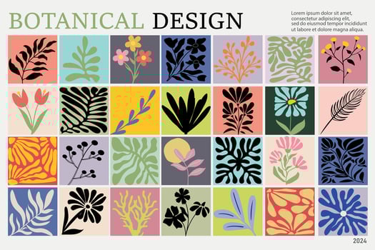 Abstract Matisse floral posters. Modern botanical background in contemporary minimal style. Organic doodle shapes in trendy naive hippie 60s 70s style. Contemporary poster print banner template. vector