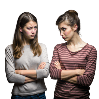 Two Women Standing Face to Face Expressing Disapproval With Arms Crossed png