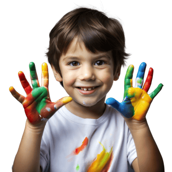Smiling Young Boy Showing Colorful Painted Hands Indoors During Creative Playtime png