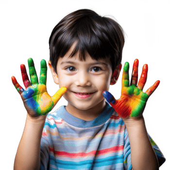 Smiling Young Boy Proudly Displays Colorful Paint-Covered Hands Indoors png