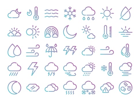 Weather gradient outline icons set. The collection includes in business, UI UX, social media and website. vector