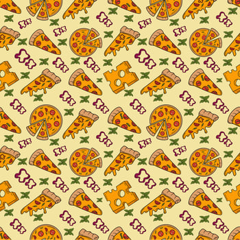 Hand Drawn Colorful Pizza Ingredients seamless pattern vector