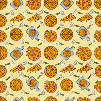 Hand Drawn Colorful Pizza Ingredients seamless pattern vector