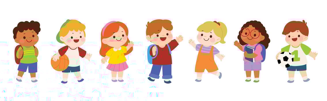 Cute kids characters set. Collection back to School of kindergarten, girls, boys, children with different poses, happy, smile. Back to school with kids illustration for education. vector