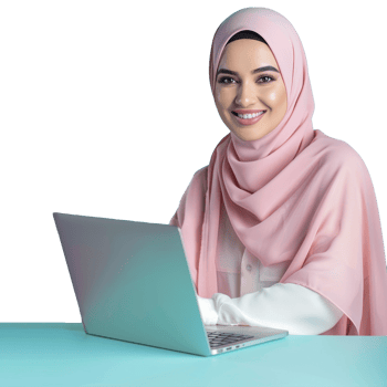 Hijab muslim business woman with laptop isolated transparent png