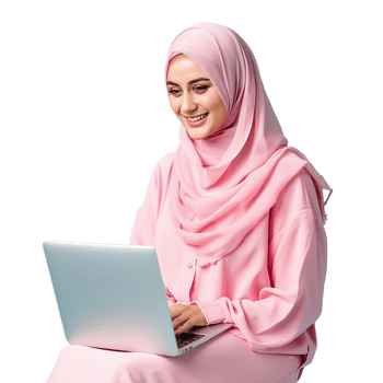 Hijab muslim business woman with laptop isolated transparent png