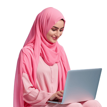 Hijab muslim business woman with laptop isolated transparent png