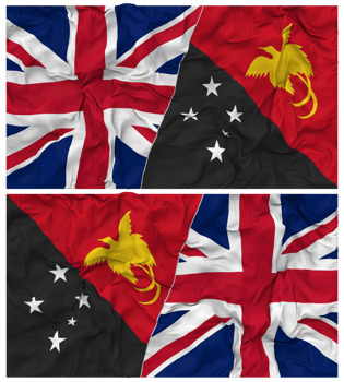 Papua New Guinea and United Kingdom Half Combined Flags Background with Cloth Bump Texture, Bilateral Relations, Peace and Conflict, 3D Rendering png